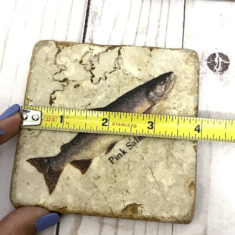 Studio Vertu Stone Coaster Set 4 Fish Salmon Trout Travertine Rustic Lodge Decor